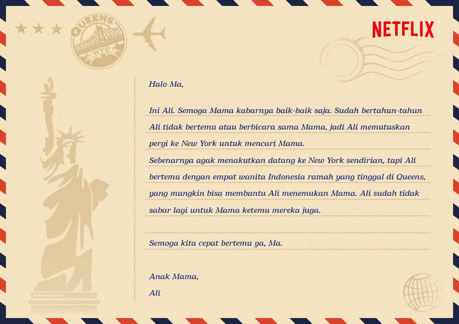Cuplikan surat dari Ali untuk ibunya. Film ini berkisah tentang Ali yang pergi ke New York untuk mencari ibunya. (Sumber gambar: Netflix)
