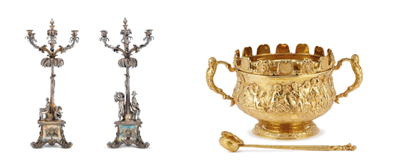 Sepasang Tempat Lilin Perak dari Era Victoria & Set Sendok dan Mangkuk dari Era George III (Dok. Liang Yi Museum Hong Kong)