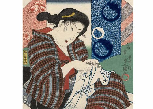 Seorang wanita Jepang membuat shibori oleh Utagawa Kunisada, 1845. (Dok. Japan Object)