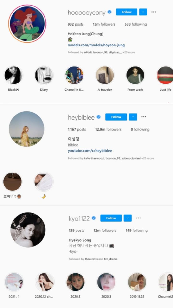 Tampilan instagram Jung Ho-yeon (atas), Lee Sung-kyung (tengah), dan Song Hye-kyo (bawah). (Dok. Instagram/Jung Ho-yeon, Lee Sung-kyung, Song Hye-kyo)