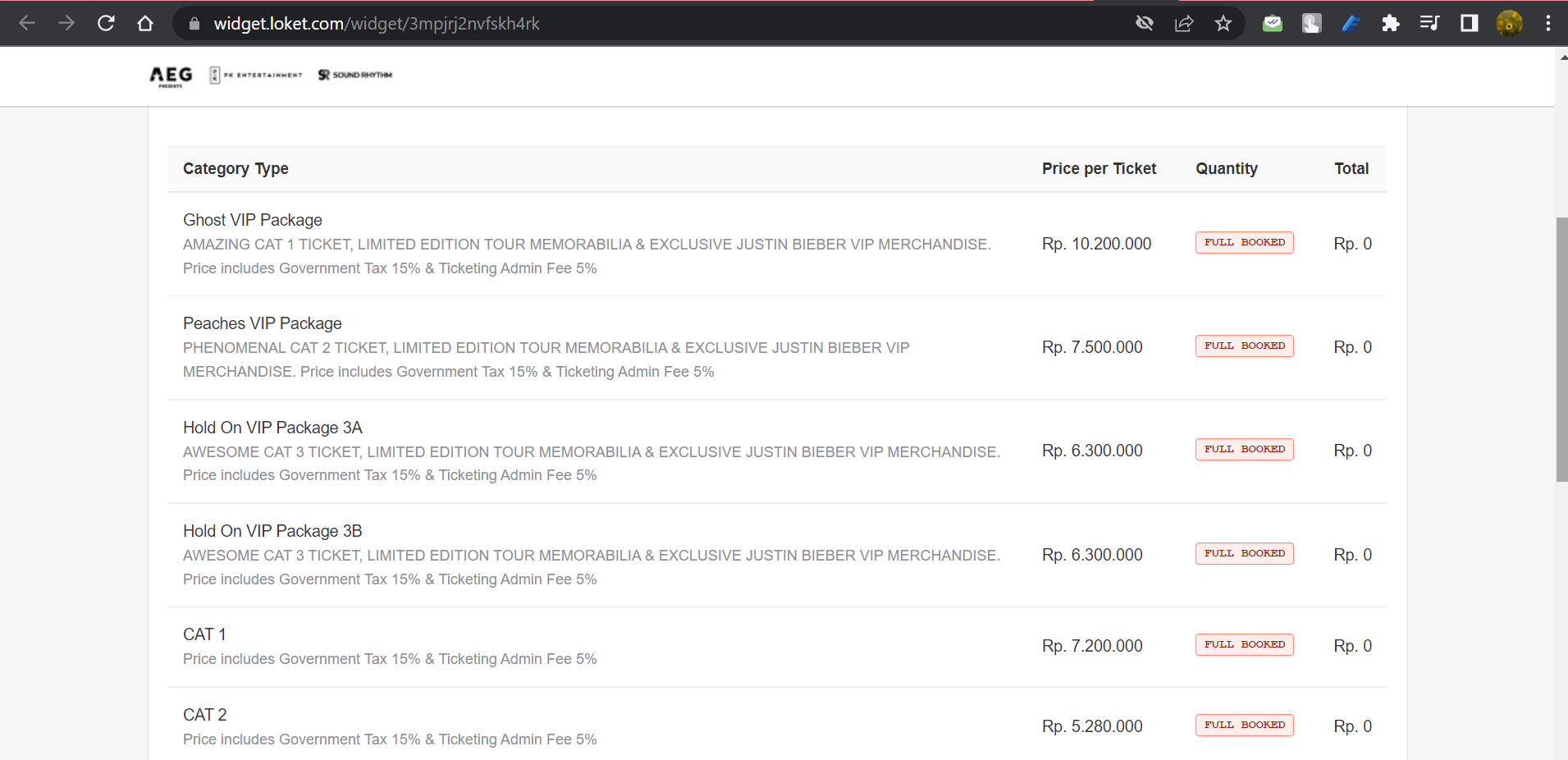 Halaman penjualan tiket Justice World Tour di situs resmi www.justinbieberinjakarta.com. (Sumber gambar: Tangkapan layar)