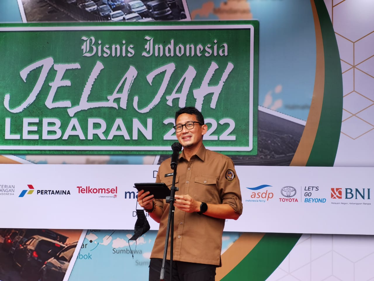 Sambutan Sandiaga Uno pada acara pelepasan Jelajah Lebaran 2022 Bisnis Indonesia (Sumber gambar: Hypeabis.id/Syaiful)