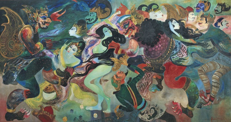 Lukisan Pandawa Dadu karya Hendra Gunawan, oil on canvas, 202 x 386 cm, 1971 (sumber foto: Art Stack)