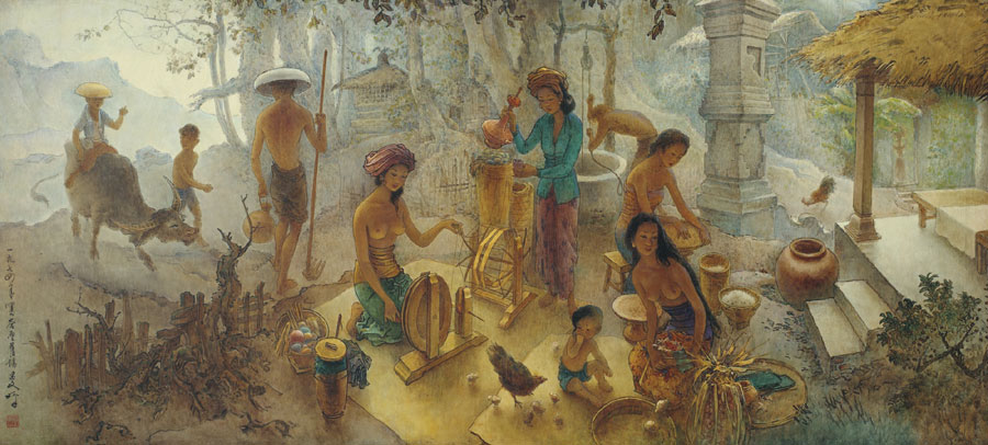 Foto lukisan karya Lee Man Fong, Bali Life, oil on canvas, 82,5 x 184 cm, 1974 (Sumber foto: Art Price)