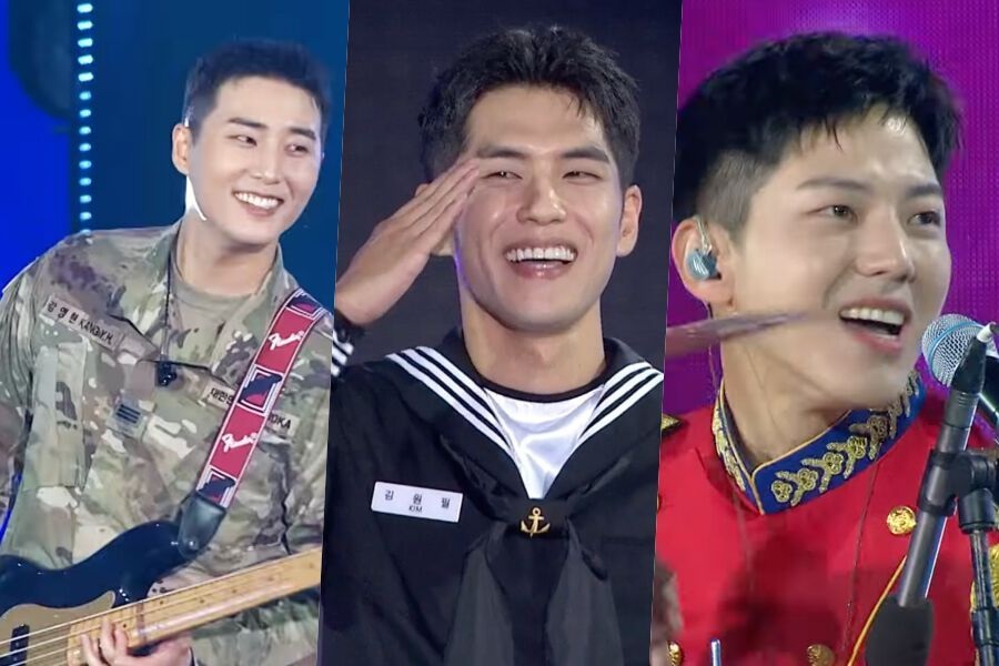 DAY6 (Even of Day) Young-K, Wonpil, dan Dowoon tampil sebagai grup dalam acara Immortal Songs dengan seragam dari masing-masing divisi militer. (Sumber foto: KBS World)