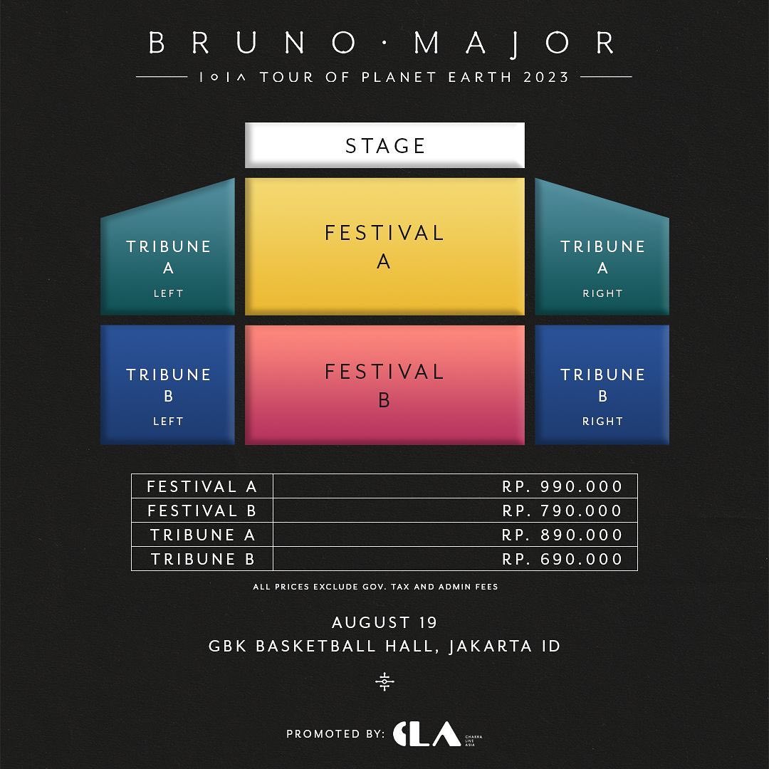 Seat plan dan harga tiket konser Bruno Major di Jakarta, 19 Agustus 2023. (Sumber foto: Chakra)