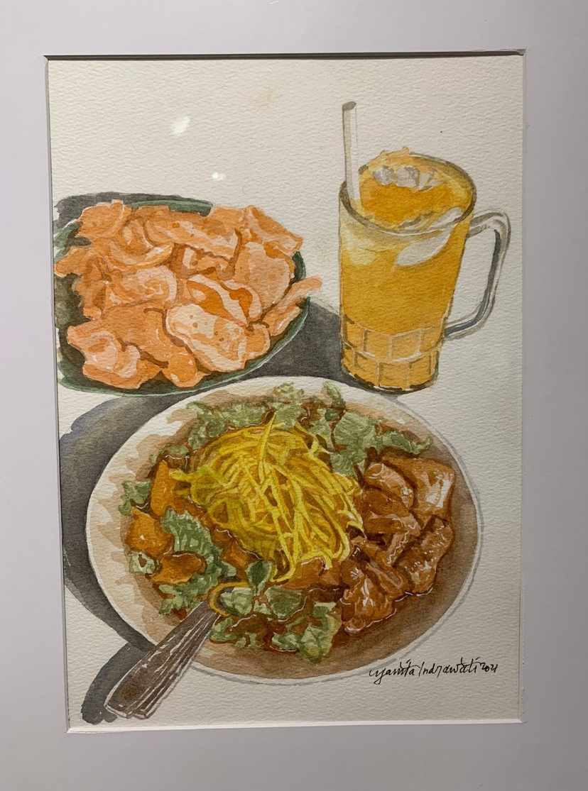 Beberapa karya yang dipajang di pameran karya ilustrasi Ngider Makan dengan Gambar di Galeri Nasional, Jakarta. (Sumber gambar: Hypeabis.id/Luke Andaresta)