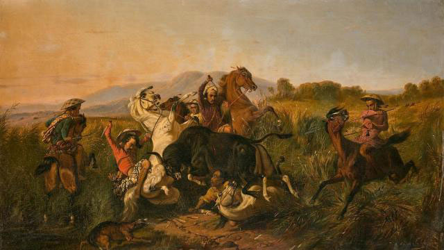 Lukisan Perburuan Banteng karya Raden Saleh, oil on canvas, 110×185 cm, 1855 (sumber foto: Ouest France).