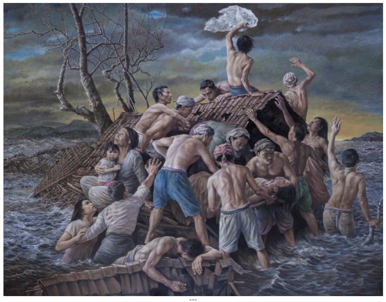 Lukisan berjudul Melawan Bencana #1 (Banjir) 200 x 306 cm , oil on canvas, 2023 (Sumber gambar: katalog)