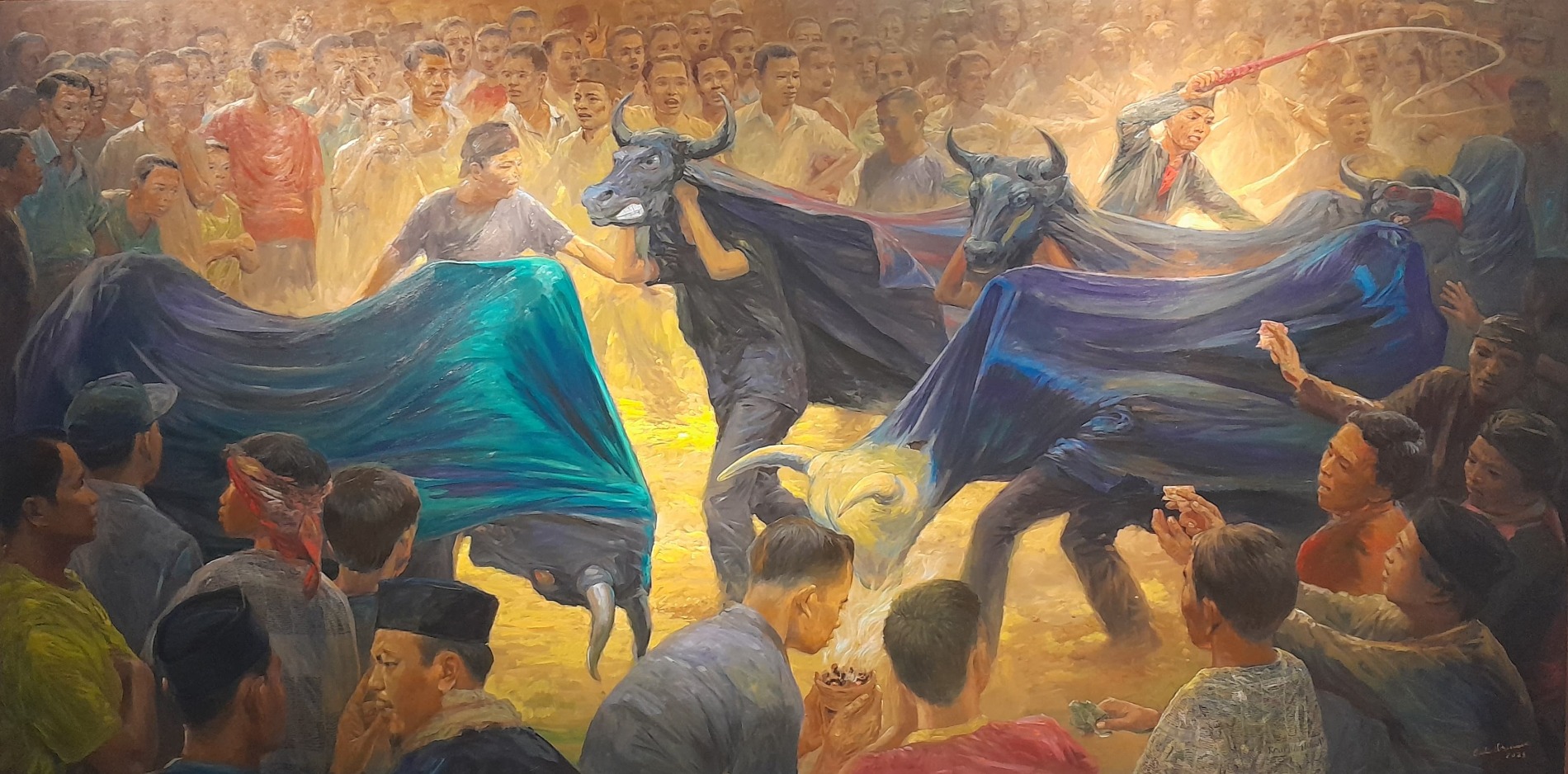 Lukisan berjudul The Ferocity of Bullfighting karya Budi Ubrux (cat minyak di atas kanvas 200x400 cm, 2023) (sumber gambar Hypeabis.id/Prasetyo Agung Ginanjar)
