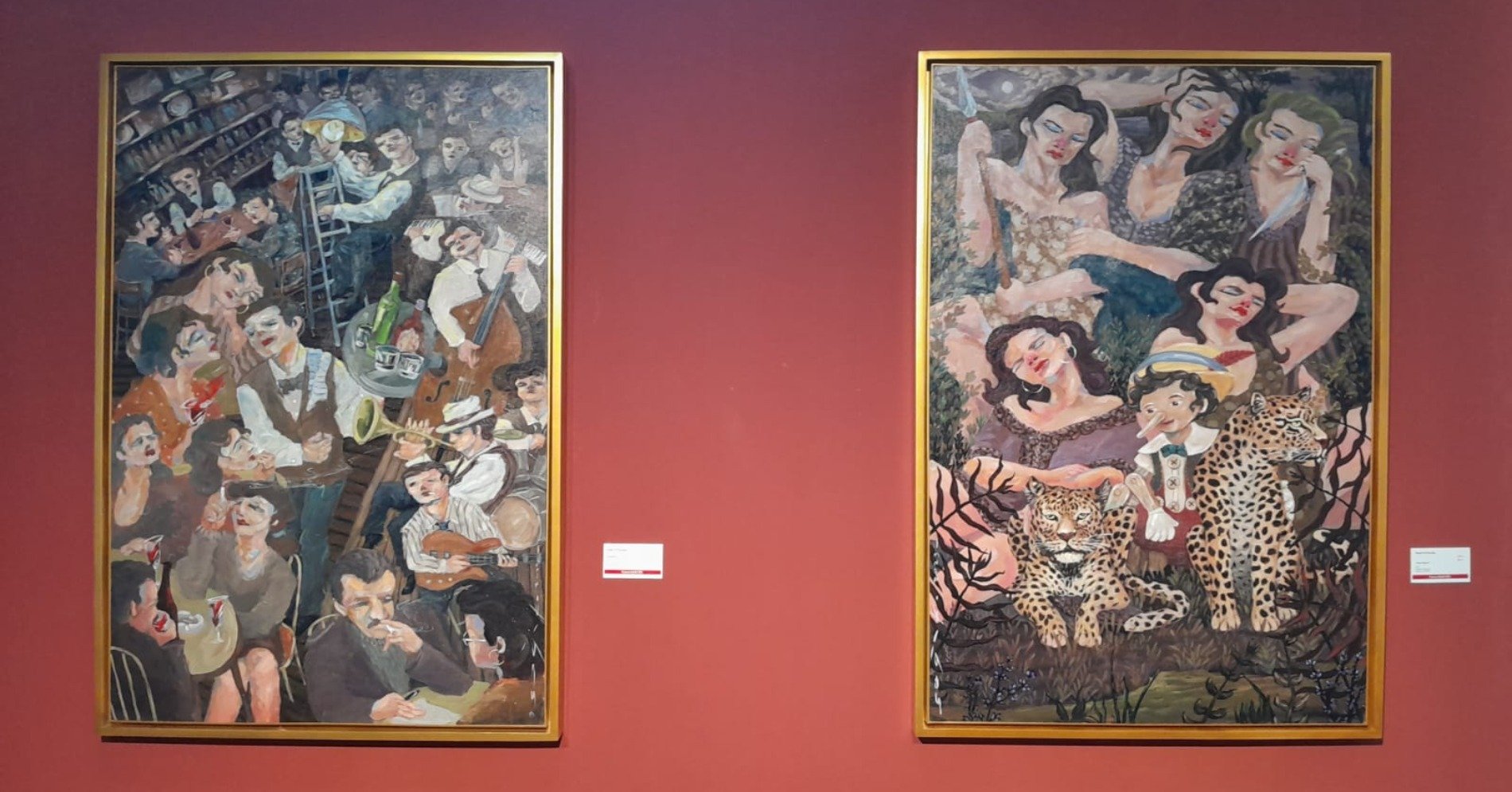 Karya perupa Sogik dari kiri ke kanan,berjudul Euphoria dan Dewi Malam (acrylic on canvas, 150x100 cm, 2023) dalam pameran Liar di D Gallerie (sumber gambar Hypeabis.id/Prasetyo Agung Ginanjar)
