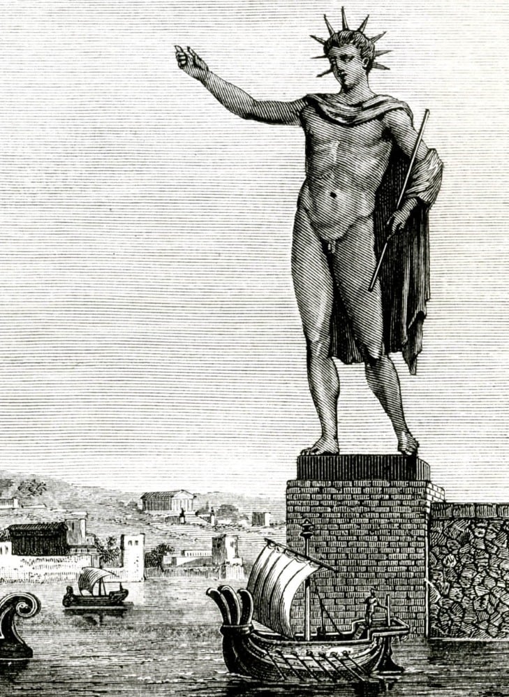 Kolosus di Rodos, menurut daya cipta seniman, tahun 1880 (Sumber gambar:Wikimedia Commons)