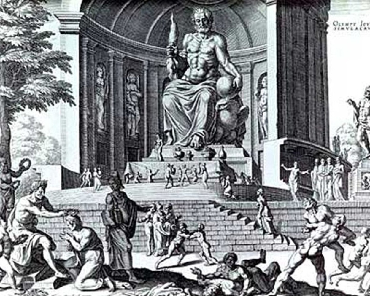 Patung Zeus di Olympia, yang dibuat oleh Pheidias dari persepuluhan barang rampasan yang diambil dari Persia. Rekonstruksi patung itu diukir oleh Philippe Galle pada 1572, setelah digambar oleh Maarten van Heemskercke. (Sumber gambar:Wikimedia Commons)