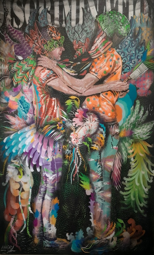 Karya Anagard berjudul  Love or Lust (stencil spray paint on canvas, 160x100 cm, 2024).