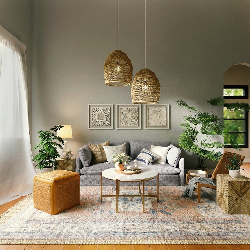 Contoh penggunaan lampu dan karpet pada ruang tamu. (Sumber gambar: Spacejoy/Unsplash)