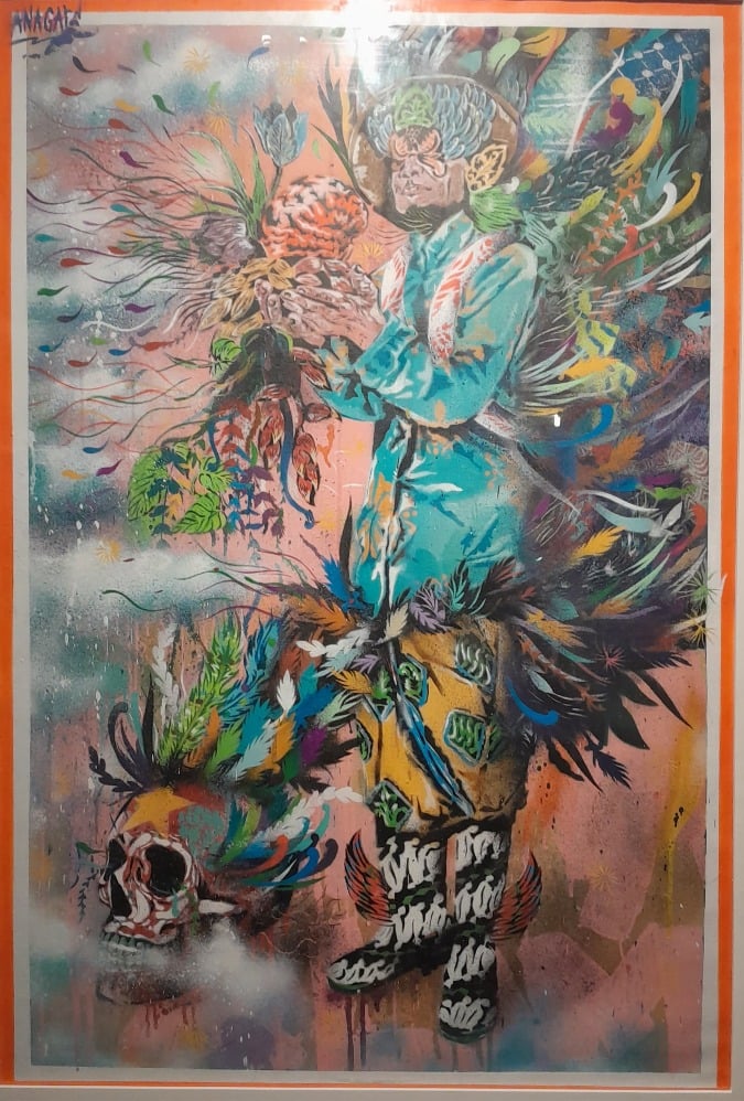 Karya Anagard berjudul Bait Alam Merindukan Mantra (stencil spray paint on paper, 122x83 cm, 2024)