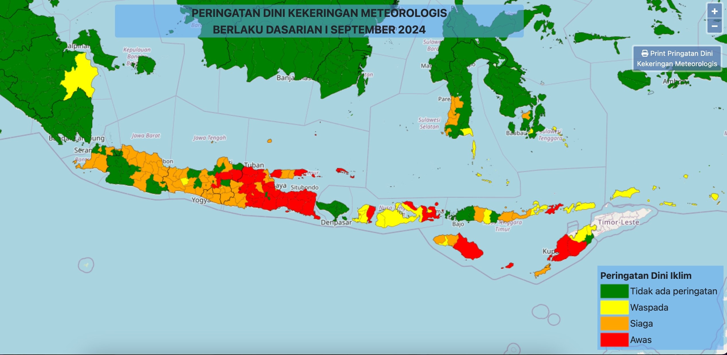 Titik daerah waspada kekeringan meteorologis. (Sumber foto: Climate Early Warning System BKMG)