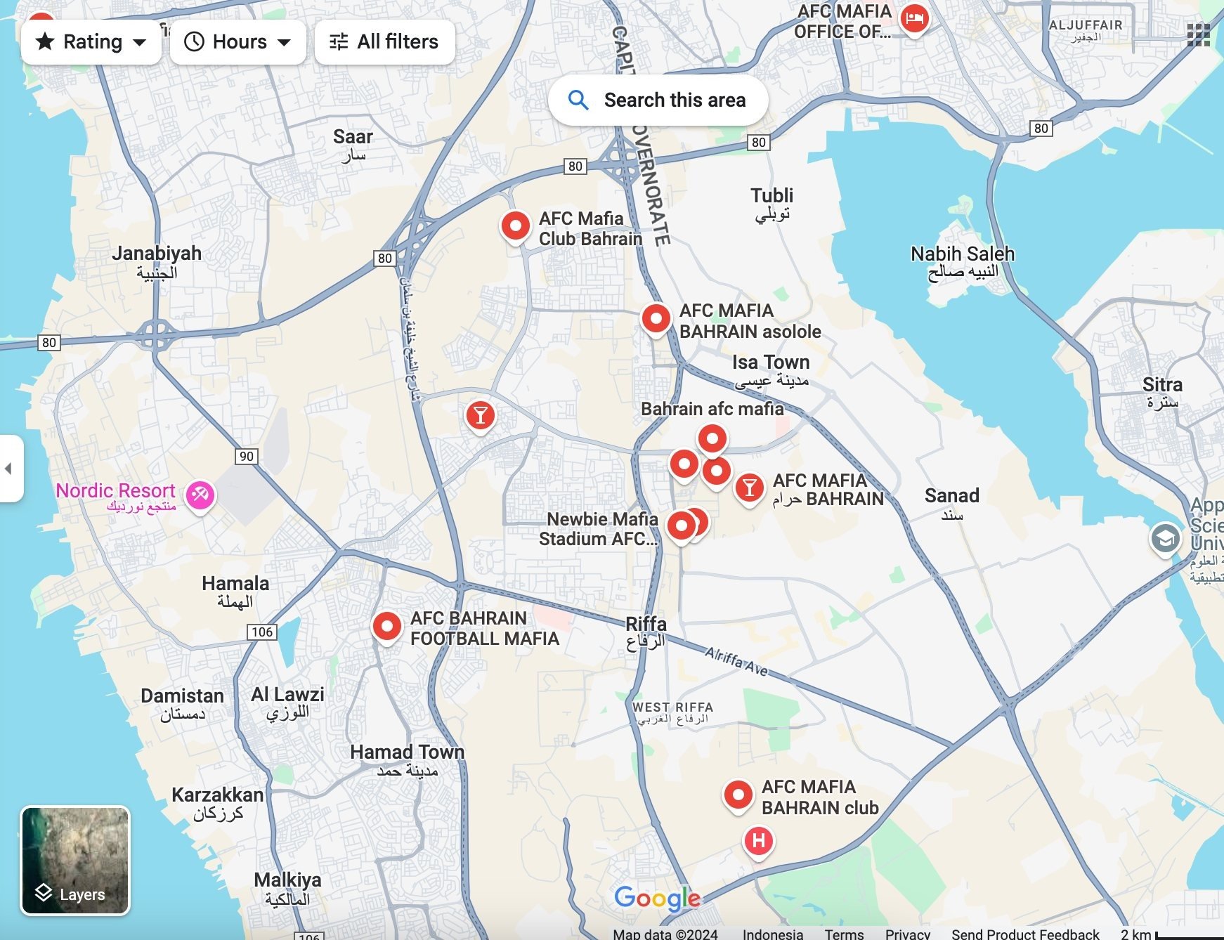 Beberapa tempat di Google Maps Bahrain berubah nama menjadi AFC Mafia (Sumber gambar: Tangkapan Layar Google Maps) 