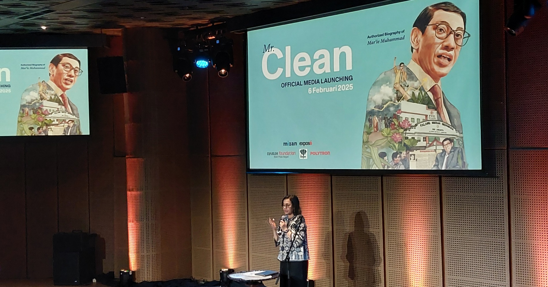 Menkeu Sri Mulyani, salah satu tokoh yang menyumbangkan kenangannya di Buku Biografi “Mr.Clean” Mar’ie Muhammad. (Sumber gambar: Desyinta Nuraini/Hypeabis.id) 