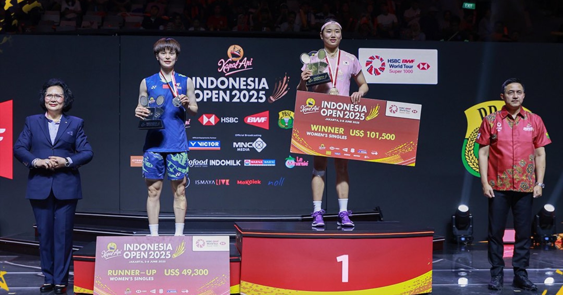 Para pemenang tunggal putri Indonesia Open 2025. (Sumber gambar: PBSI/X)
