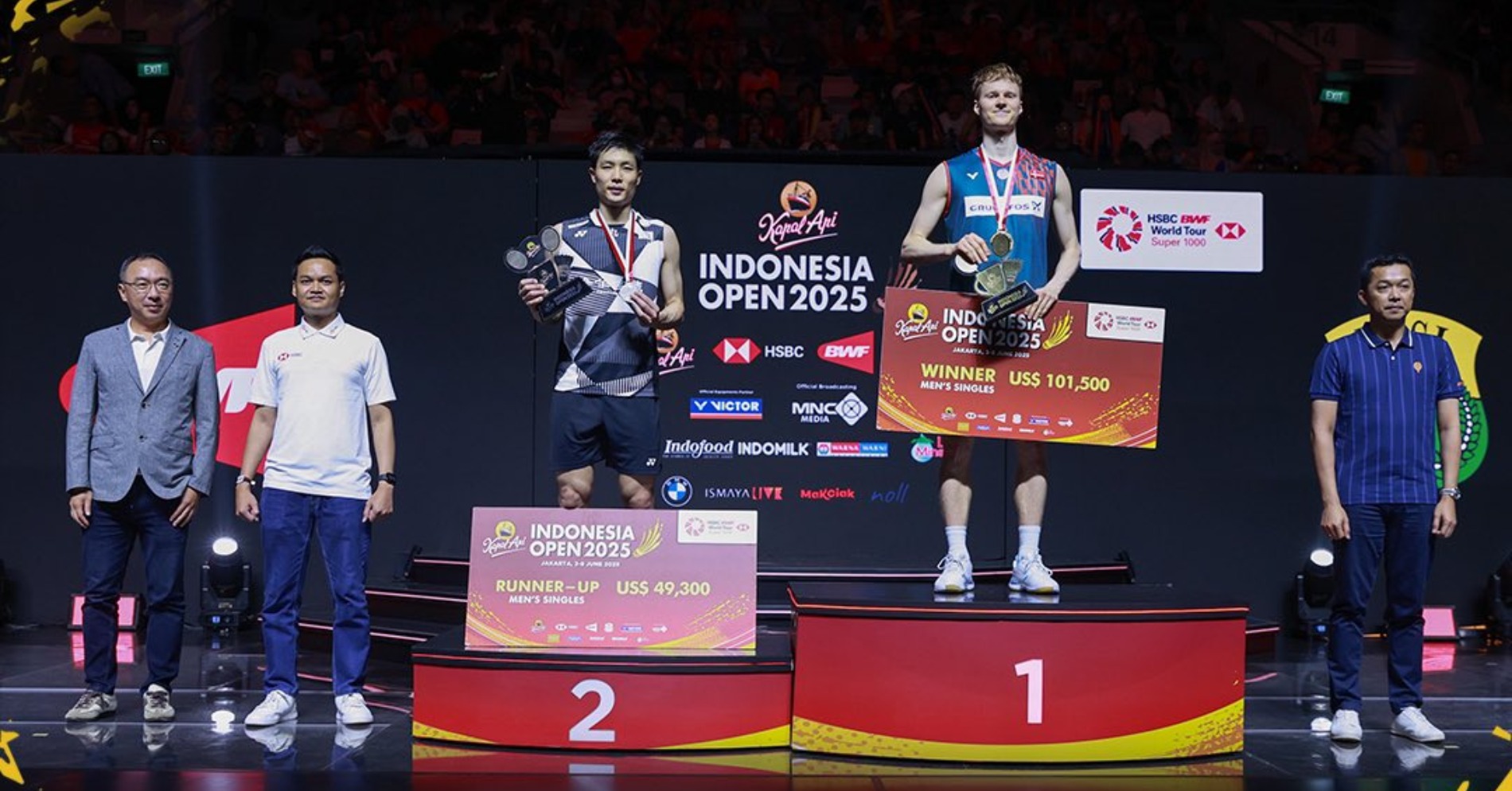Para pemenang tunggal putra Indonesia Open 2025. (Sumber gambar: PBSI/X)