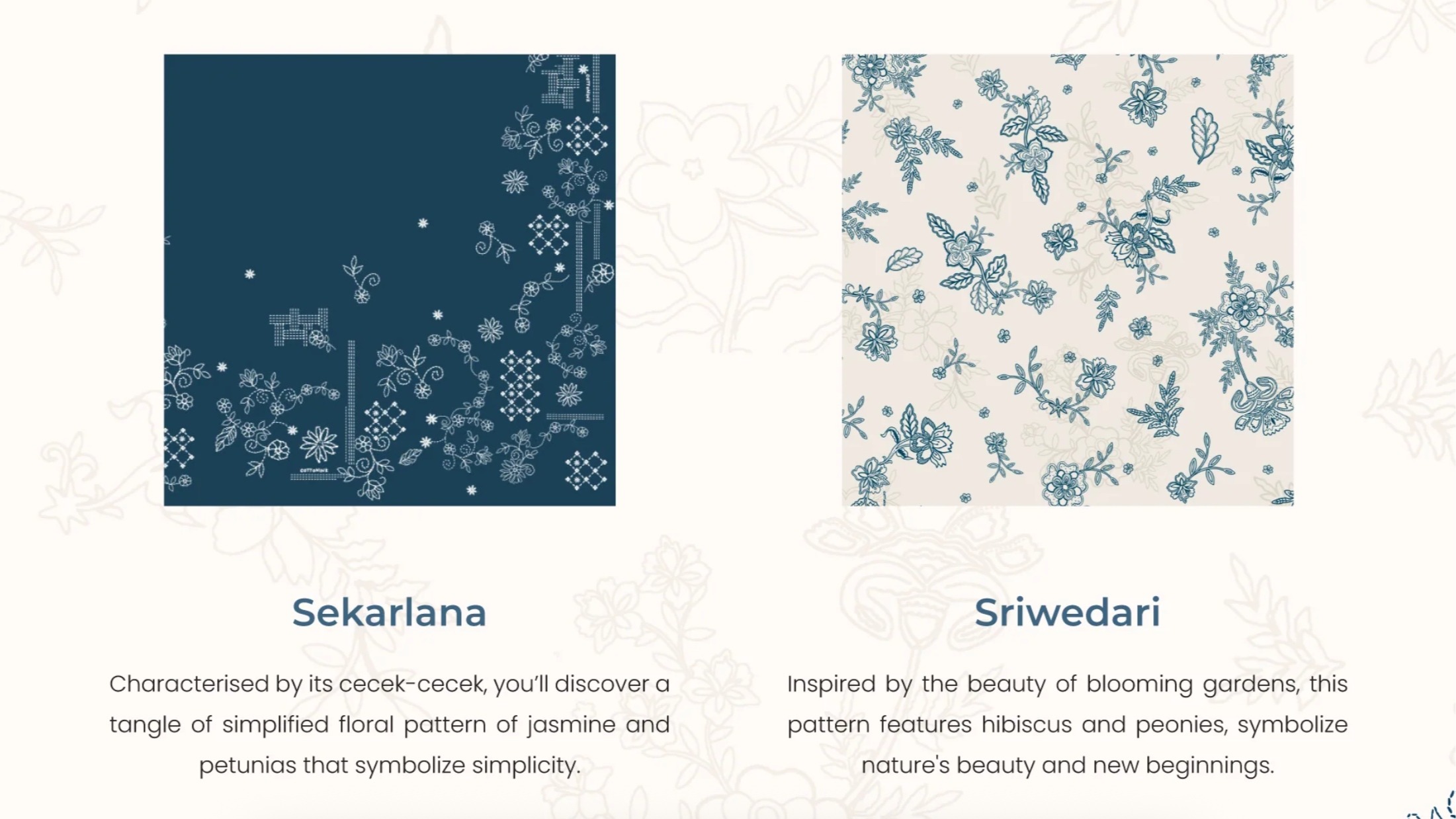 Motif Sekarlana dan Sriwedari. (Sumber foto: Cottonink) Motif Sekarlana dan Sriwedari. (Sumber foto: Cottonink)
