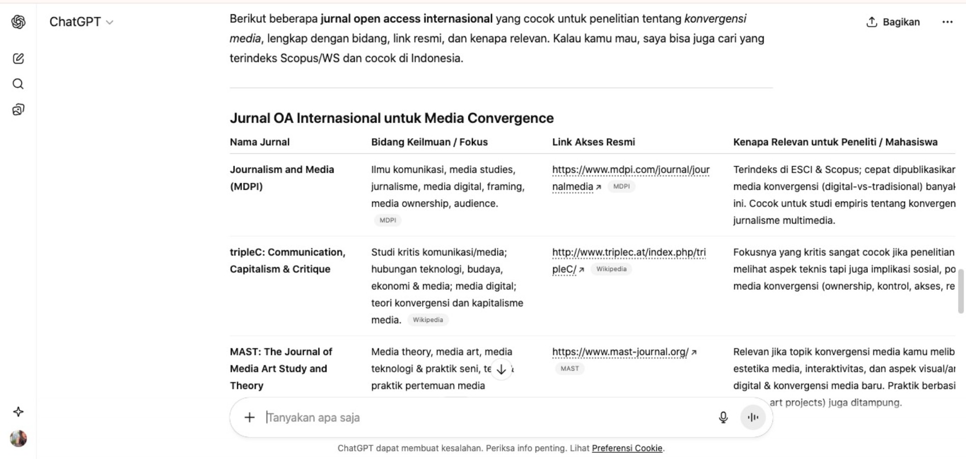Hasil ChatGPT tentang jurnal open source mengenai konvergensi media (Sumber gambar: Hasil ChatGPT)
