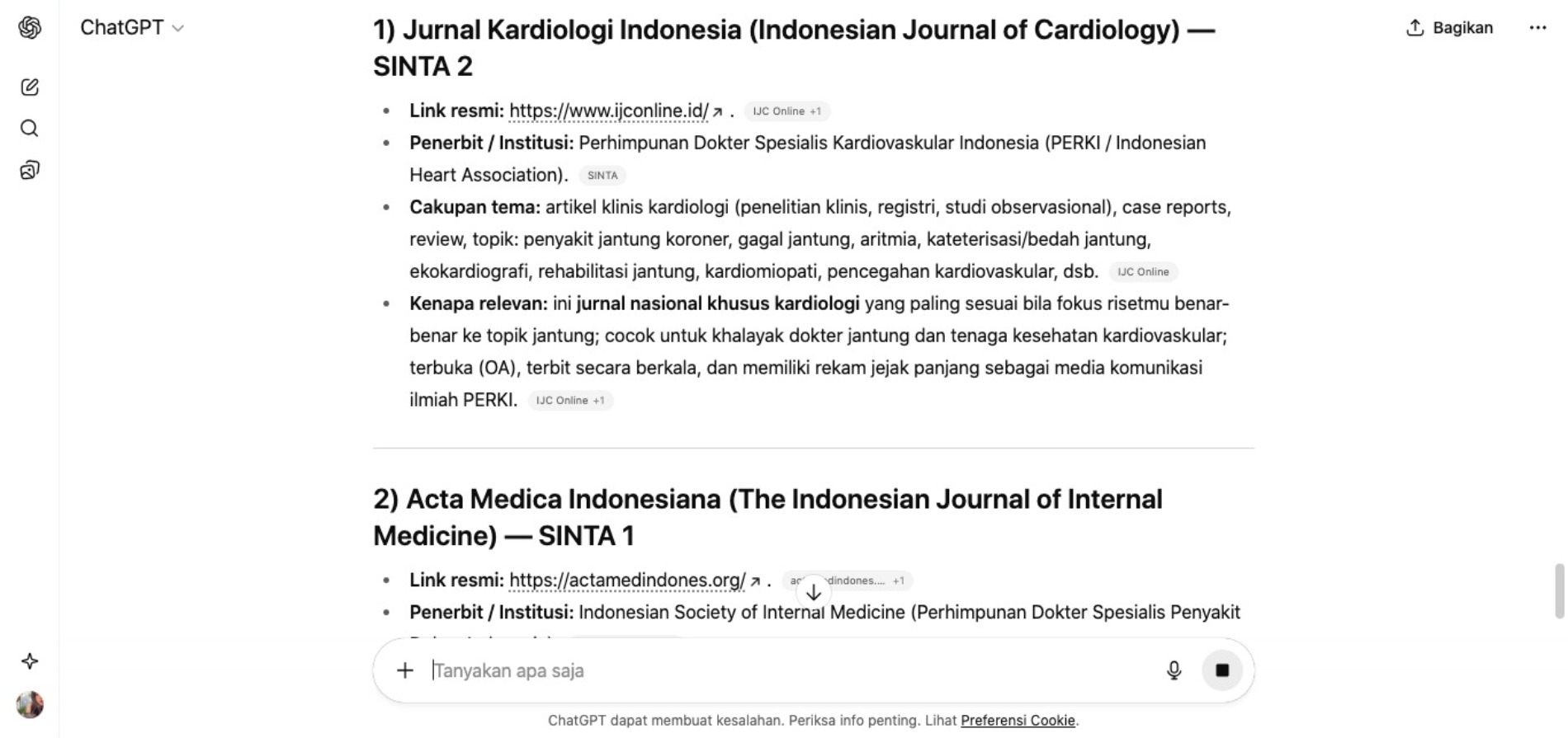 Hasil ChatGPT tentang jurnal open source mengenai kardiovaskular (Sumber gambar: Hasil ChatGPT)