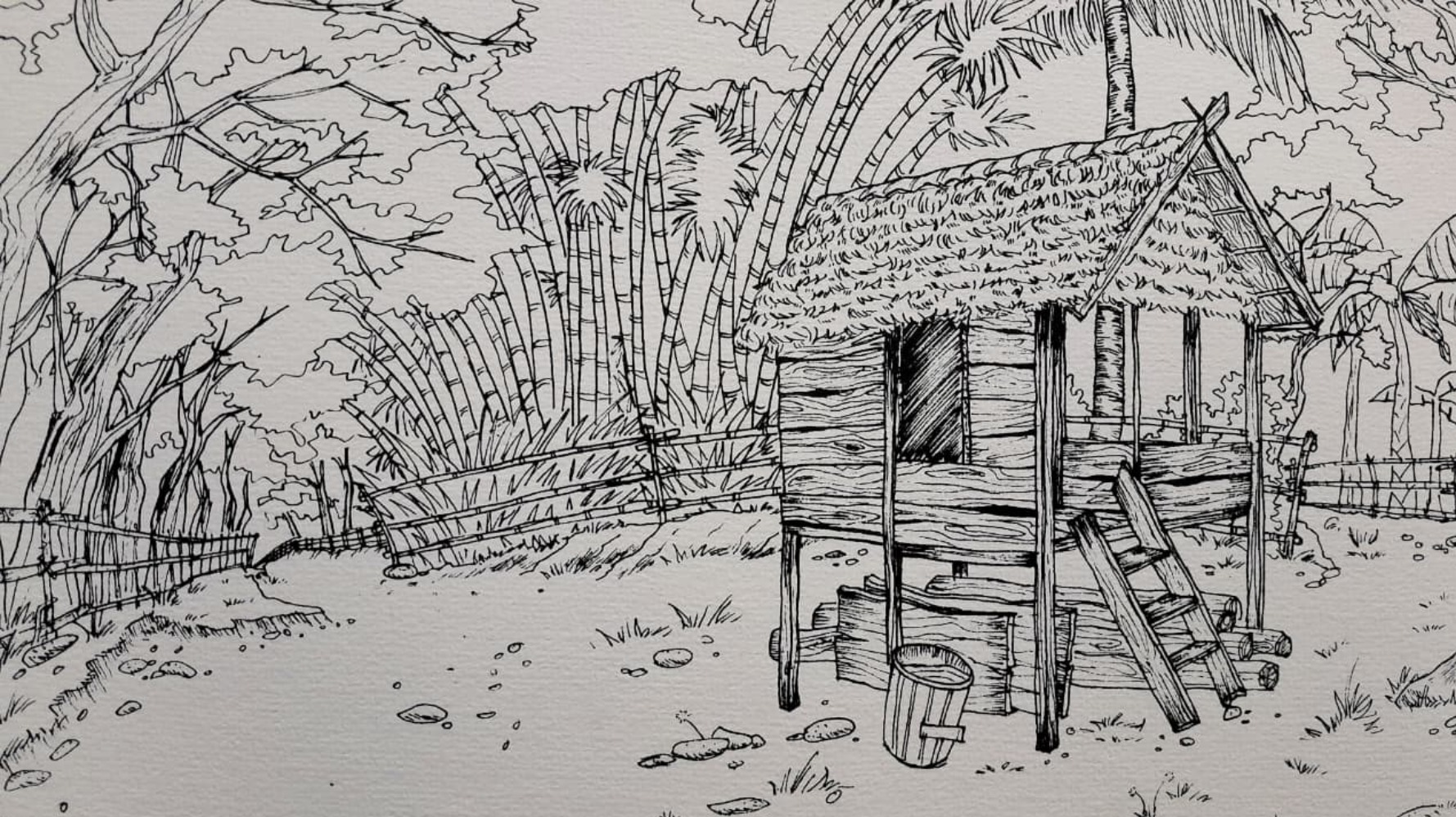 Salah satu sketsa manual rumah adat suku Kajang Dalam, di wilayah Desa Tana Toa, Bulukumba, Sulawesi Selatan, dalam pameran Ekskursi Arsitektur Universitas Indonesia, di Galeri Emiria Soenasa, TIM, Jakarta. (Sumber gambar: Hypeabis.id/Prasetyo Agung Ginanjar)