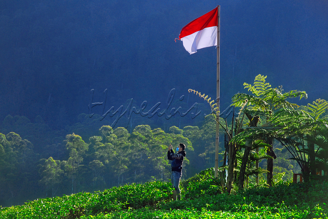 Seorang pengunjung pariwisata , Panenjoan Gunung Windu sedang berusaha mengabadikan keindahan alam bumi Pangalengan di bawah kibaran bendera Merah Putih