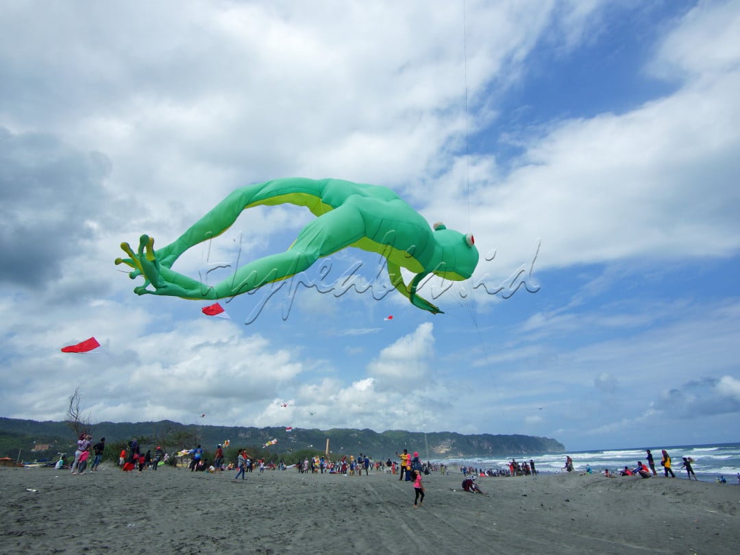 Para wisatawan asyik menikmati pantai parangkusumo sambil Melina laying-laying raksasa