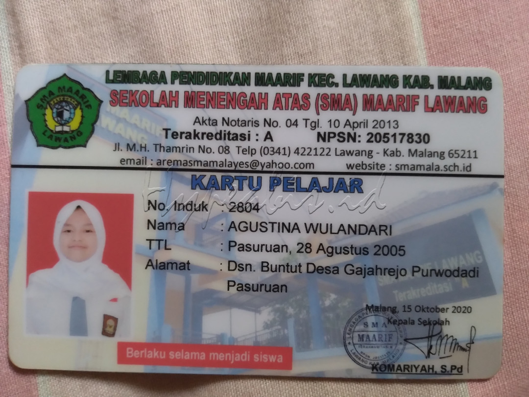 Nama: Agustina Wulandari<br />
TTL: Pasuruan, 28 Agustus 2005<br />
No: 085784305882