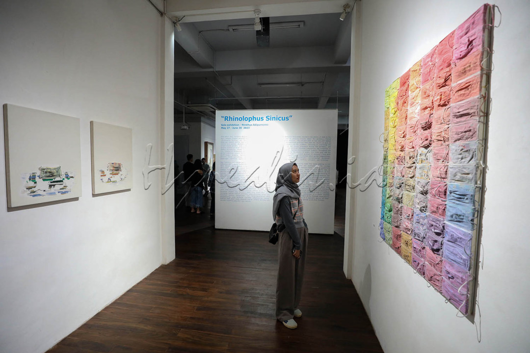 Pengunjung mengamati salah satu karya seni rupa pameran tunggal Nindityo Adipurnomo berjudul Rhinolophus Sinicus di D Gallerie, Jakarta.