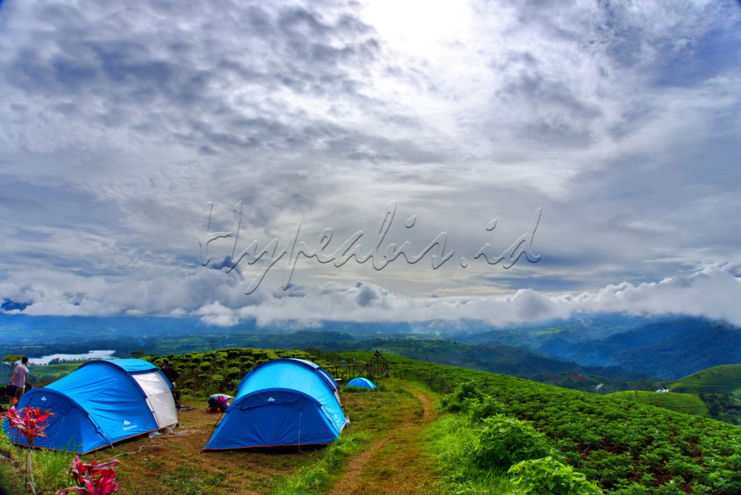 Wisatawan mendirikan tenda di Taman Langit Pangalengan (Sunrise Point &amp; Camping Ground) di Bandung Selatan, Jawa Barat. Taman Langit Pengalengan merupakan salah satu lokasi pemandangan alam terbaik dengan hamparan kebun teh berlatar belakang pegunungan.