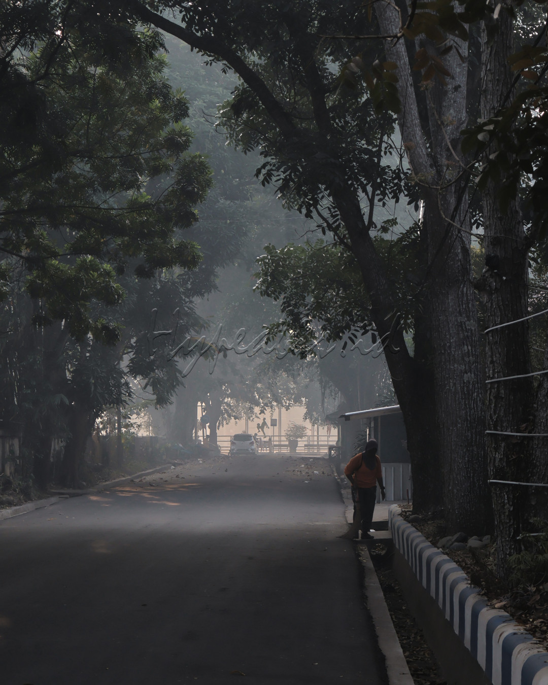 Pada Sabtu pagi di sisi jalan terlihat seorang petugas kebersihan sedang menyapu dedaunan yang berserakan, suasana masih berselimut kabut asap di sekitar Alun-alun Kota Banjarbaru.