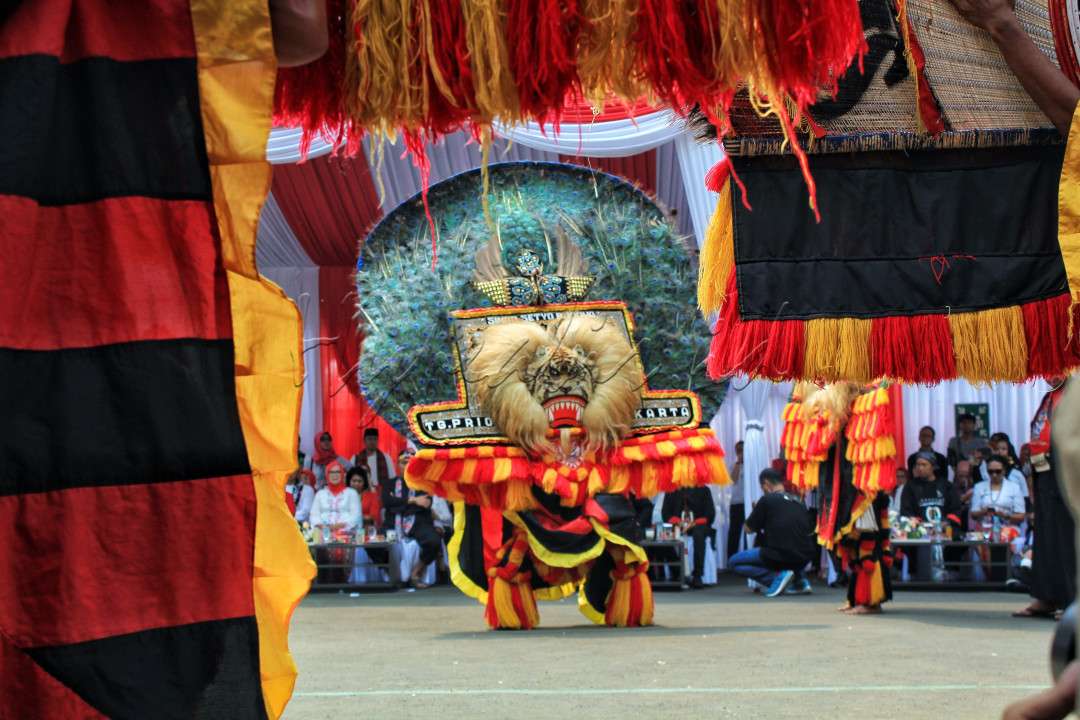 Reog adalah tarian tradisional dari Ponorogo, Jawa Timur dalam arena terbuka yang berfungsi sebagai hiburan rakyat, mengandung unsur magis, penari utama adalah orang berkepala singa dengan hiasan bulu merak, dengan berat topeng mencapai 50&ndash;60 kg.