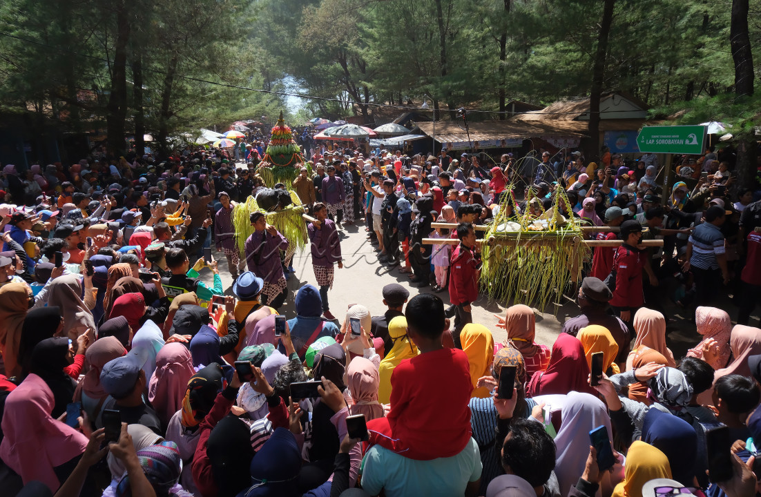 Gelar budaya yang diadakan di area wisata Pantai Goa Cemara sebagai wujud syukur atas berkat yang melimpah, dalam bentuk larung sesaji.
