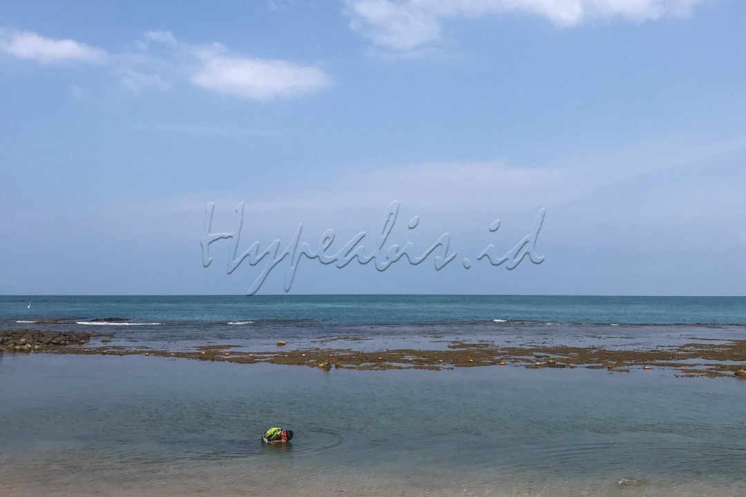 Langit biru dan hijaunya pepohonan di sekitar pantai membuat suasana semakin syahdu.