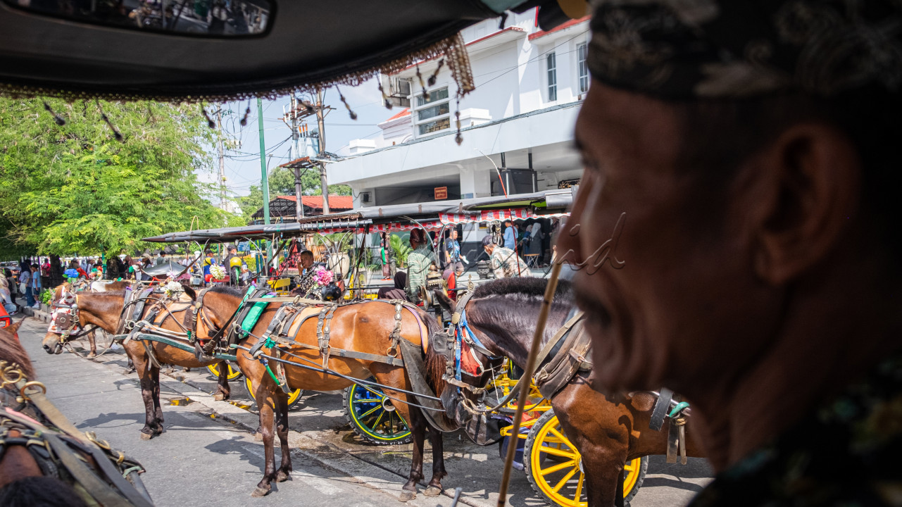 Serunya berkeliling jalan Malioboro menggunakan delman dan duduk disamping pak kusir yang berbalut busana adat Jawa