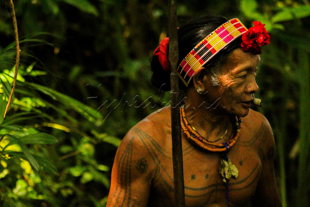 Seorang Sikerei berdiri tegap dengan sebuah tombak yang ujung tombaknya berada tepat disamping wajah Sikerei.&nbsp;Tombak, lebih dari sekadar alat. Bagi sikerei, tombak adalah simbol kekuatan, keberanian, dan perlindungan. Dalam potret ini, tombak menjadi pusat perhatian, menceritakan kisah tentang hubungan manusia dengan alam.