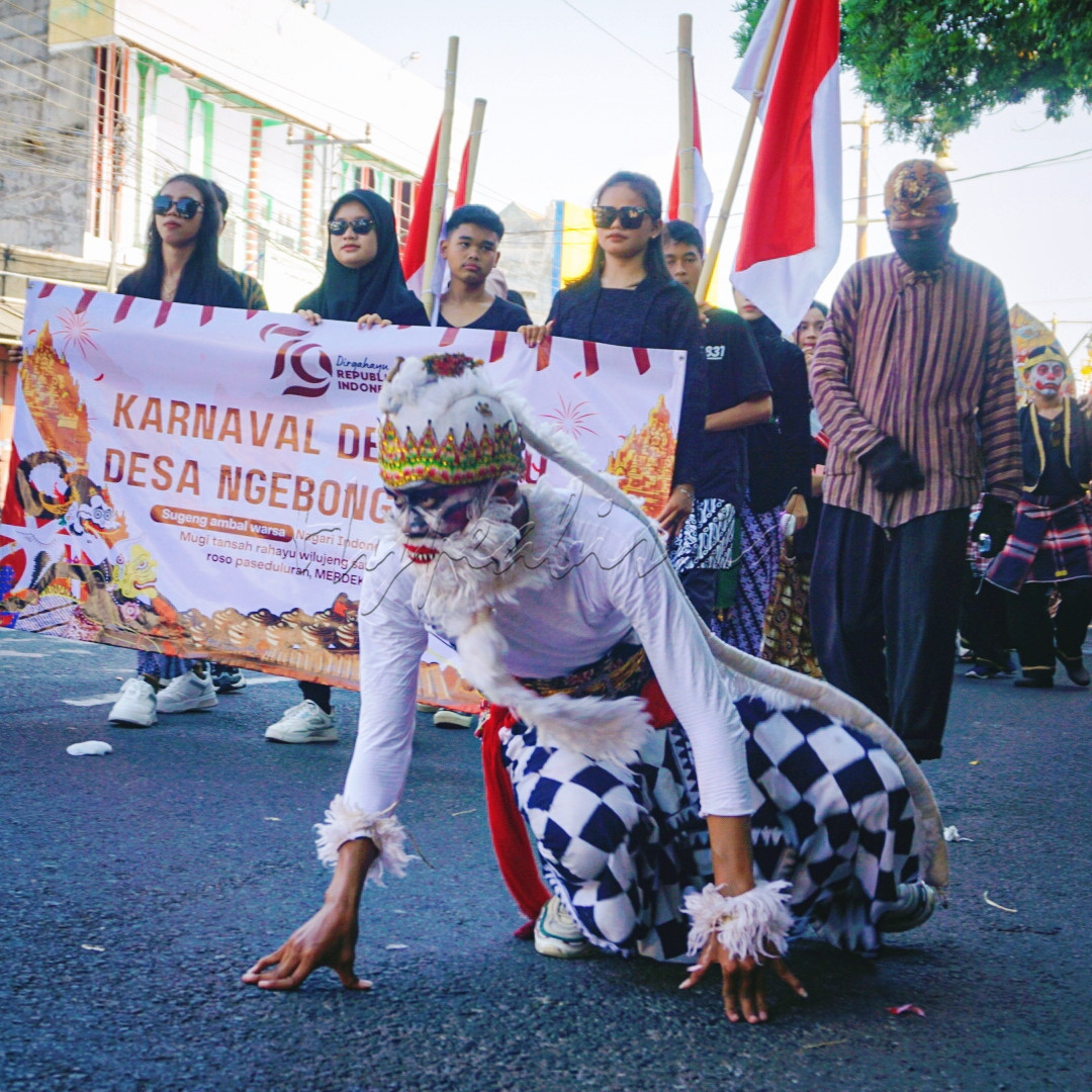 Di tengah karnaval Desa Ngebong, sosok seorang penari dengan riasan Hanoman yang memikat hati melangkah dengan penuh semangat. Tubuhnya merendah, siap melompat, menirukan gerak lincah sang kera putih dalam cerita Ramayana. Topeng dan kostum yang dikenakannya bukan hanya hiasan, tetapi perlambang keberanian dan kesetiaan, membawa kisah epik masa lampau ke dalam realitas masa kini.<br />
<br />
Di belakangnya, barisan peserta karnaval dengan balutan pakaian tradisional dan bendera merah putih berkibar, menambah kekhidmatan suasana. Mereka mengiringi dengan penuh kebanggaan, membawa pesan persatuan dan kebersamaan, menghormati kemerdekaan yang telah diperjuangkan oleh para leluhur. Karnaval ini bukan sekadar perayaan, tetapi manifestasi dari kekayaan budaya yang hidup dan terus berkembang dalam jiwa masyarakatnya, sebuah penghormatan pada sejarah, dan janji untuk menjaga warisan ini dengan sepenuh hati.