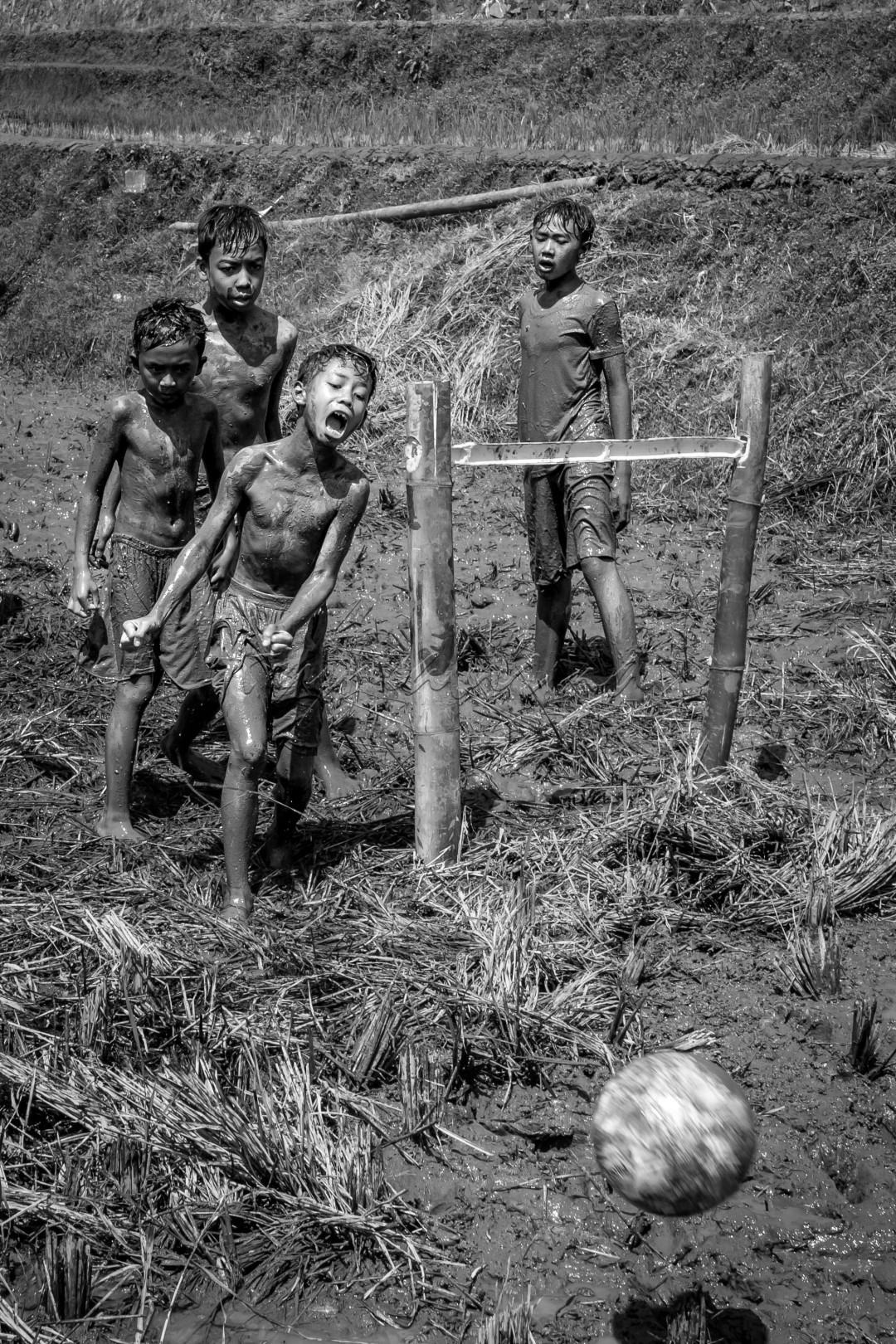 anak anak bermain bola di area sawah berlumpur