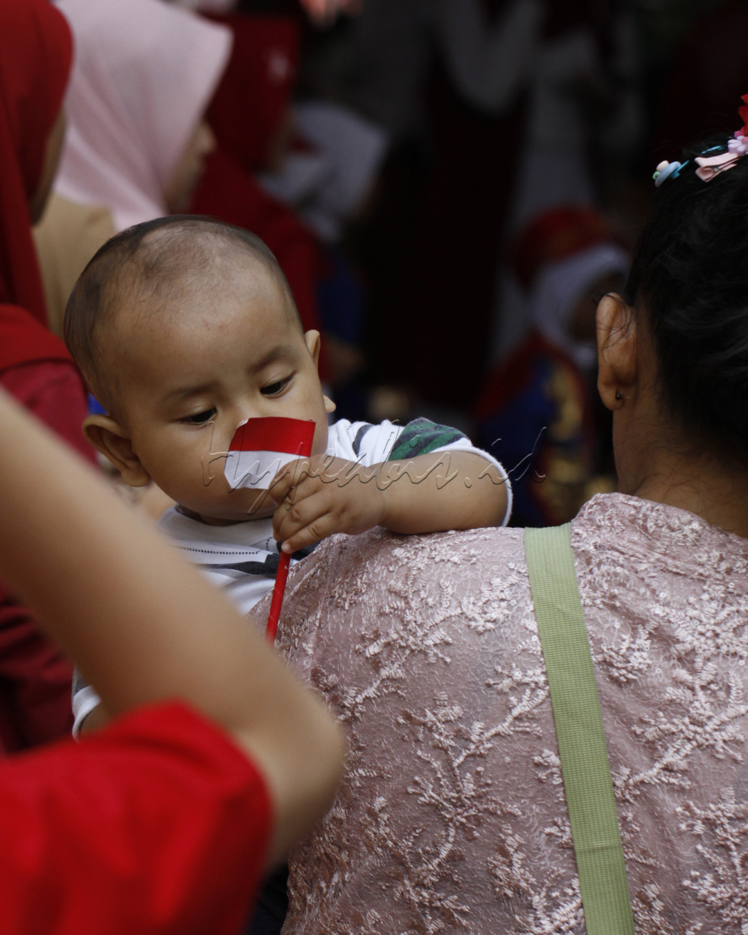 Terlihat dari foto ini, seorang balita yang sedang mencium bendera merah putih yang digenggamnya ditengah kemeriahan pawai perahayaan HUT-RI.<br />
&nbsp;
