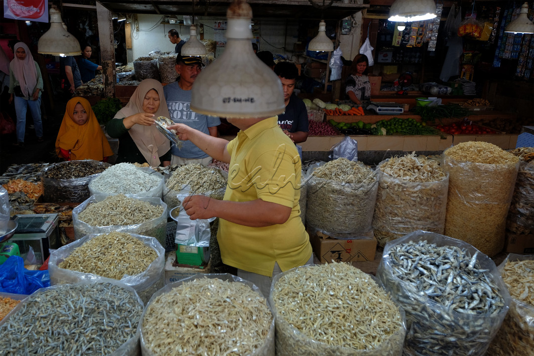 Salah seorang pedagang di pasar tradisional Pekanbaru, Riau sedang melayani pembeli dagangan berbagai jenis ikan keringnya. Keberadaan pedagang pasar tradisional menjadi salah satu pondasi ekonomi dalam negeri.&nbsp;
